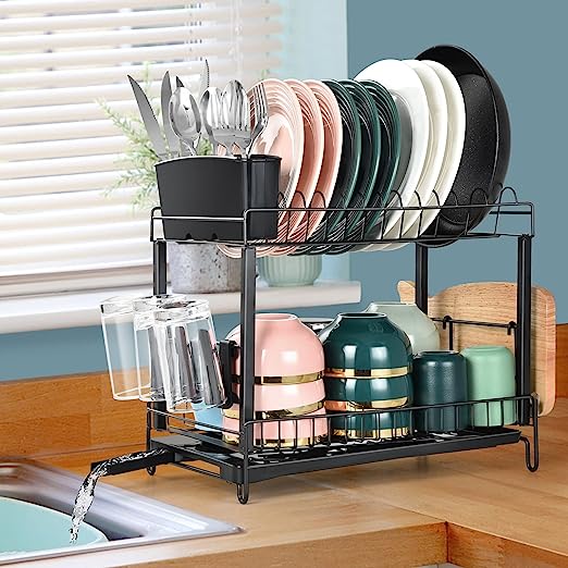  Dish Drying Rack - Expandable Dish Rack for Kitchen Counter,  Large Dish Drainer with Pan Holder, Stainless Steel Dish Strainer with Cup  Holder and Utensil Holder, Black